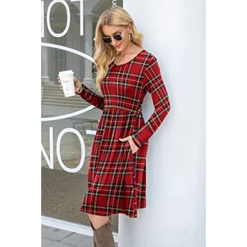 DB MOON Womens Casual Long Sleeve Dresses Empire Waist Knee Length Loose Dress with Pockets (DBL Red Plaid, XL)
