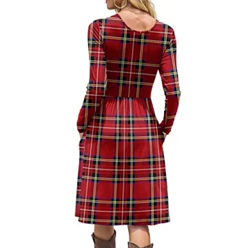 DB MOON Womens Casual Long Sleeve Dresses Empire Waist Knee Length Loose Dress with Pockets (DBL Red Plaid, XL)