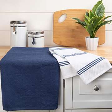 Kitchen Towels Dish Towels 100% Cotton, Set of 4, Dark Blue and White Hand Towels, Tea Towels, Reusa...