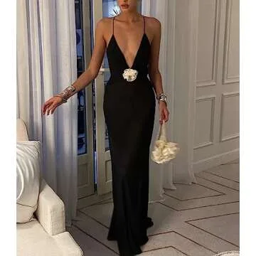 Women Y2K V Neck Maxi Dresses Hollow Out Backless Satin Dress Split Floral Evening Party Dresses Sex...