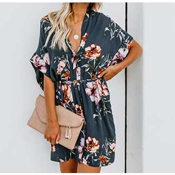 BTFBM Women V Neck Button Down Short Sleeves Floral Print Casual Summer Dress with Belt (32_Blue, X-Large)