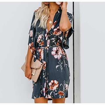 BTFBM Women V Neck Button Down Short Sleeves Floral Print Casual Summer Dress with Belt (32_Blue, X-Large)