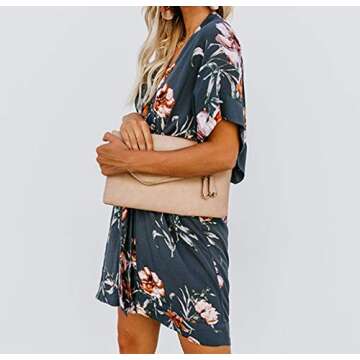 BTFBM Women V Neck Button Down Short Sleeves Floral Print Casual Summer Dress with Belt (32_Blue, X-Large)