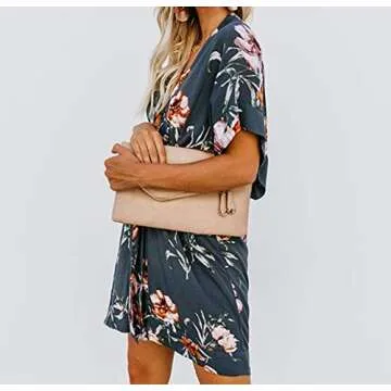 BTFBM Women V Neck Button Down Short Sleeves Floral Print Casual Summer Dress with Belt (32_Blue, X-Large)