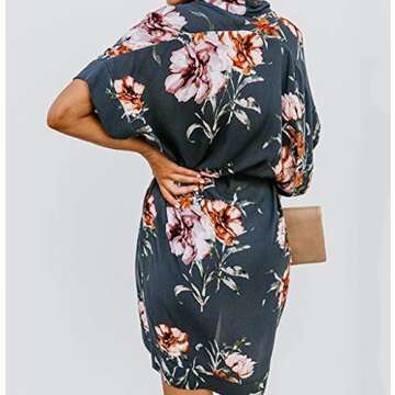 BTFBM Women V Neck Button Down Short Sleeves Floral Print Casual Summer Dress with Belt (32_Blue, X-Large)