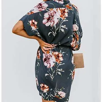 BTFBM Women V Neck Button Down Short Sleeves Floral Print Casual Summer Dress with Belt (32_Blue, X-Large)