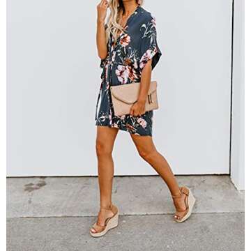 BTFBM Women V Neck Button Down Short Sleeves Floral Print Casual Summer Dress with Belt (32_Blue, X-Large)