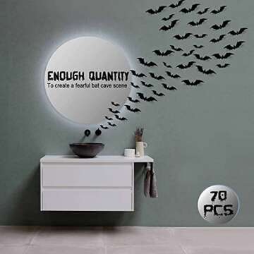 Halloween 3D Bats Wall Decor - 70 Pcs 5 Different Sizes Matte Black Reusable PVC Scary Bat Stickers Vintage Goth Wall Decals for Home Door Indoor Outdoor Party Decorations