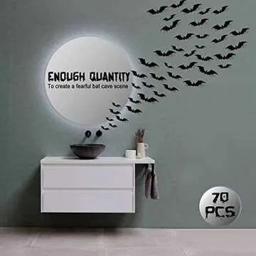 Halloween 3D Bats Wall Decor - 70 Pcs 5 Different Sizes Matte Black Reusable PVC Scary Bat Stickers Vintage Goth Wall Decals for Home Door Indoor Outdoor Party Decorations