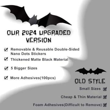 Halloween 3D Bats Wall Decor - 70 Pcs 5 Different Sizes Matte Black Reusable PVC Scary Bat Stickers Vintage Goth Wall Decals for Home Door Indoor Outdoor Party Decorations