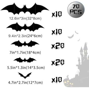 Halloween 3D Bats Wall Decor - 70 Pcs 5 Different Sizes Matte Black Reusable PVC Scary Bat Stickers Vintage Goth Wall Decals for Home Door Indoor Outdoor Party Decorations