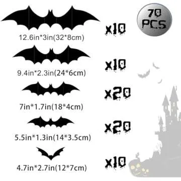 Halloween 3D Bats Wall Decor - 70 Pcs 5 Different Sizes Matte Black Reusable PVC Scary Bat Stickers Vintage Goth Wall Decals for Home Door Indoor Outdoor Party Decorations