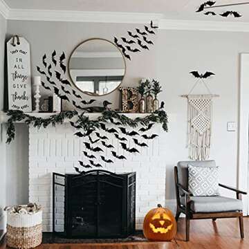 Halloween 3D Bats Wall Decor - 70 Pcs 5 Different Sizes Matte Black Reusable PVC Scary Bat Stickers Vintage Goth Wall Decals for Home Door Indoor Outdoor Party Decorations