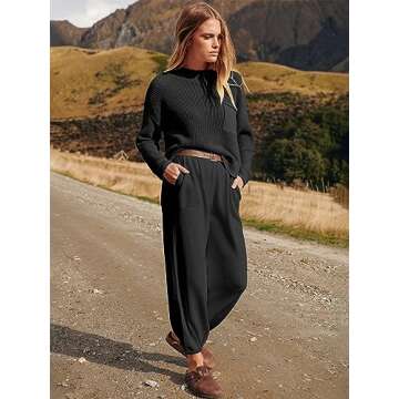 Prinbara Sweater Set for Women 2 Piece Outfits Sweatsuit Loungewear Matching Clothes Knit Casual Pants Cozy Fall Tracksuit Womens Lounge Sweatsuits Sweat Suits Black 1PA082-heise-L (JM29)