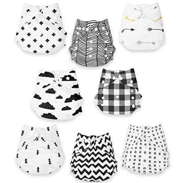 BaeBae Goods Newborn Cloth Diapers – 8 Reusable Cloth Diapers for Babies with 8 Cloth Diaper Inserts – Extra Leg Lining to Avoid Leakage - Waterproof Outside – Adjustable Size for Boys and Girls