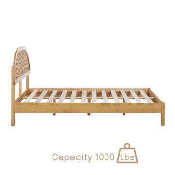 NTC Gem Wooden Bed Frame with Headboard, Solid Oak and Rubber Wood Foundation with Silent Slats and Wood Central Supports, 1000 Lb Capacity, Effortless Assembly, Queen - Rustic Oak