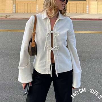 Women's Casual Tie Up Front Coat Tops Retro Lapel Neck Solid Color Cardigan E Girl Loose Fit Jacket ...