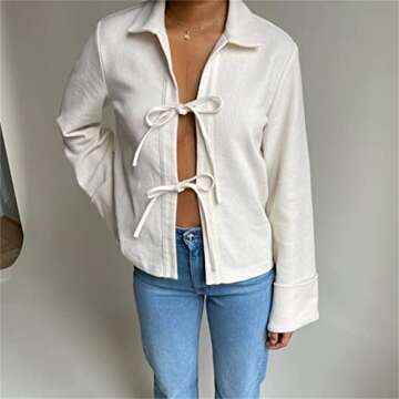 Women's Casual Tie Up Front Coat Tops Retro Lapel Neck Solid Color Cardigan E Girl Loose Fit Jacket For Fall
