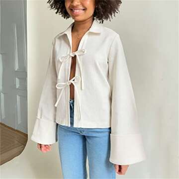 Women's Casual Tie Up Front Coat Tops Retro Lapel Neck Solid Color Cardigan E Girl Loose Fit Jacket For Fall