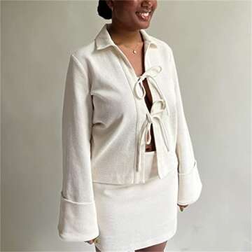 Women's Casual Tie Up Front Coat Tops Retro Lapel Neck Solid Color Cardigan E Girl Loose Fit Jacket For Fall