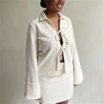 Women's Casual Tie Up Front Coat Tops Retro Lapel Neck Solid Color Cardigan E Girl Loose Fit Jacket For Fall