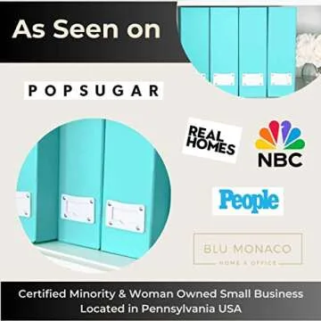 BLU MONACO Set of 6 Foldable Aqua Magazine File Holders with White Leather Label Holders – Cute Book Organizers for Desk, Classroom, Shelves, and Home Office