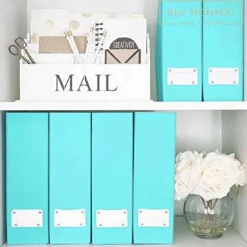 BLU MONACO Set of 6 Foldable Aqua Magazine File Holders with White Leather Label Holders – Cute Book Organizers for Desk, Classroom, Shelves, and Home Office