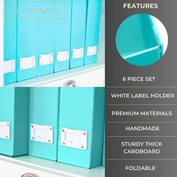 BLU MONACO Set of 6 Foldable Aqua Magazine File Holders with White Leather Label Holders – Cute Book Organizers for Desk, Classroom, Shelves, and Home Office
