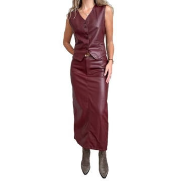 VOIKERDR Skirt Sets Women 2 Piece Outfits Leather Vest and Maxi Skirts Sexy Two Piece Outfits
