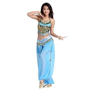 ZLTdream Lady's Belly Dance Chiffon Banadge Top and Lantern Coins Pants Light Blue, One Size