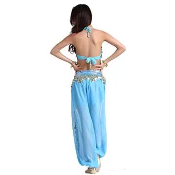 ZLTdream Lady's Belly Dance Chiffon Banadge Top and Lantern Coins Pants Light Blue, One Size