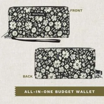 Bella Taylor RFID Wristlet Envelope Wallet for Cash Envelope Budgeting | Small Money Organizer Budget Wallet | Cash Stuffing Wallet | Quilted Cotton Bicolor Floral Black and Cream