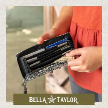 Bella Taylor RFID Wristlet Envelope Wallet for Cash Envelope Budgeting | Small Money Organizer Budget Wallet | Cash Stuffing Wallet | Quilted Cotton Bicolor Floral Black and Cream