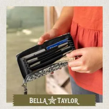 Bella Taylor RFID Wristlet Envelope Wallet for Cash Envelope Budgeting | Small Money Organizer Budget Wallet | Cash Stuffing Wallet | Quilted Cotton Bicolor Floral Black and Cream