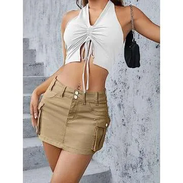 Cargo Skirt Jean Skirt Mini Skirt y2k Jean Skirt for Women Cargo Skirt y2k Cargo Mini Skirt Cargo Skirts for Women Women's Casual Low Waisted Solid Button Up Denim Jean Skirt Khaki