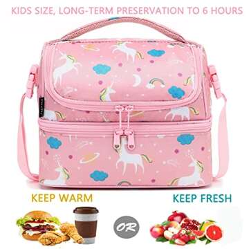 FlowFly Kids Double Decker Cooler Insulated Lunch Bag Large Tote for Boys, Girls, Men, Women, With Adjustable Strap, Unicorn