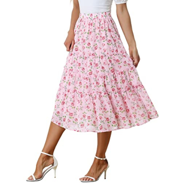 Allegra K Women's Floral Skirts Chiffon A-line Long Tiered Ruffle Boho Midi Skirt XS-3XL Small Pink ...