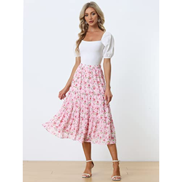 Allegra K Floral Tiered Ruffle Midi Skirt for Women
