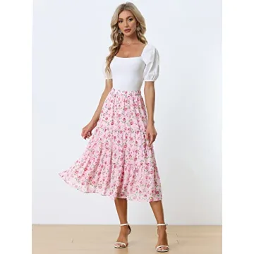 Allegra K Floral Tiered Ruffle Midi Skirt for Women