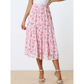 Allegra K Floral Tiered Ruffle Midi Skirt for Women
