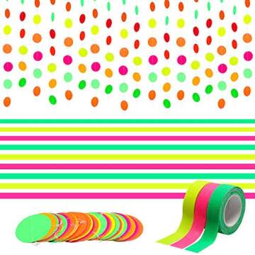 WATINC 72ft Neon Paper Garland, Black Light Circle Dots Hanging Decorations for Neon Birthday Party Wedding Glow in The Dark Decorations, Glow Party Supplies with 3Pcs UV Blacklight Reactive Tapes