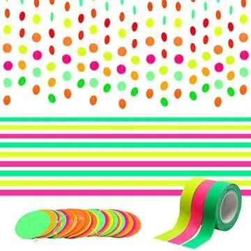 WATINC 72ft Neon Paper Garland, Black Light Circle Dots Hanging Decorations for Neon Birthday Party Wedding Glow in The Dark Decorations, Glow Party Supplies with 3Pcs UV Blacklight Reactive Tapes