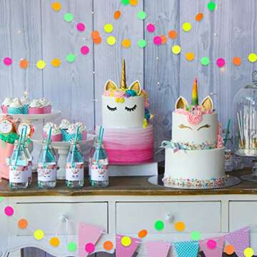 WATINC 72ft Neon Paper Garland, Black Light Circle Dots Hanging Decorations for Neon Birthday Party Wedding Glow in The Dark Decorations, Glow Party Supplies with 3Pcs UV Blacklight Reactive Tapes