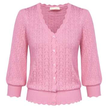 Ladies Lightweight Summer Cardigan 3/4 Sleeve Cropped Sweater in Light Pink