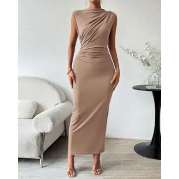 BTFBM Women's Ruched Bodycon Dress Summer Casual Sleeveless Back Slit Elegant Club Evening Party Coc...