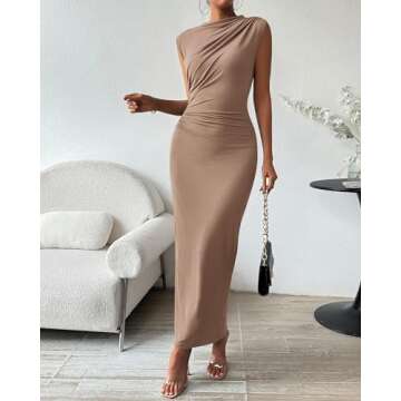 BTFBM Women's Ruched Bodycon Dress Summer Casual Sleeveless Back Slit Elegant Club Evening Party Cocktail Maxi Dresses(Solid Khaki, Medium)