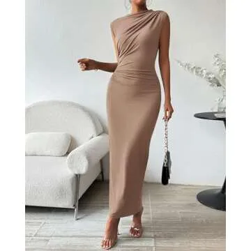 BTFBM Women's Ruched Bodycon Dress Summer Casual Sleeveless Back Slit Elegant Club Evening Party Cocktail Maxi Dresses(Solid Khaki, Medium)