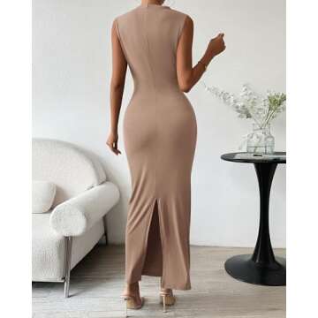 BTFBM Women's Ruched Bodycon Dress Summer Casual Sleeveless Back Slit Elegant Club Evening Party Cocktail Maxi Dresses(Solid Khaki, Medium)