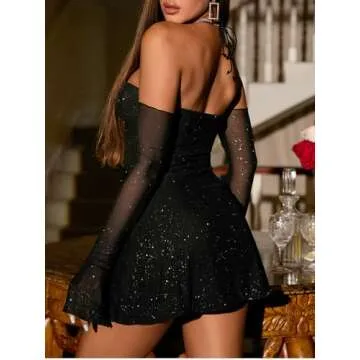 Parthea Women’s Sexy Dress Sequin Sparkly Glitter Dress Off Shoulder Long Sleeve Party Club Going Out Mini Dresses Black