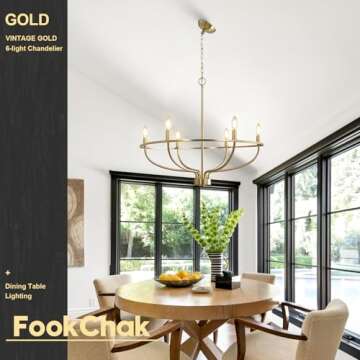 FookChak 6 Light Gold Chandelier, Brushed Gold Light Fixture Dining Table Candle Brass Chandelier Lighting for Bedroom Hallway Entryway Living Room Kitchen 28.5in
